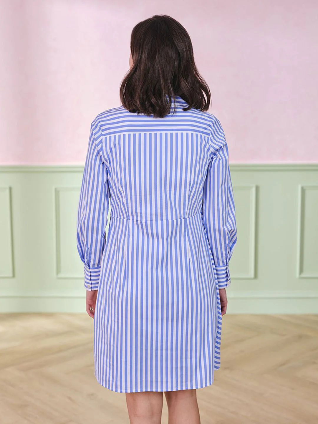 AND Striped Shirt Collar A-Line Dress - Image 5