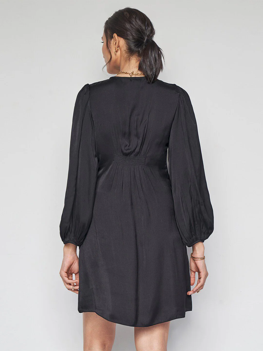 AND V-Neck Puff Sleeves Gathered Detailed A-Line Dress - Image 5