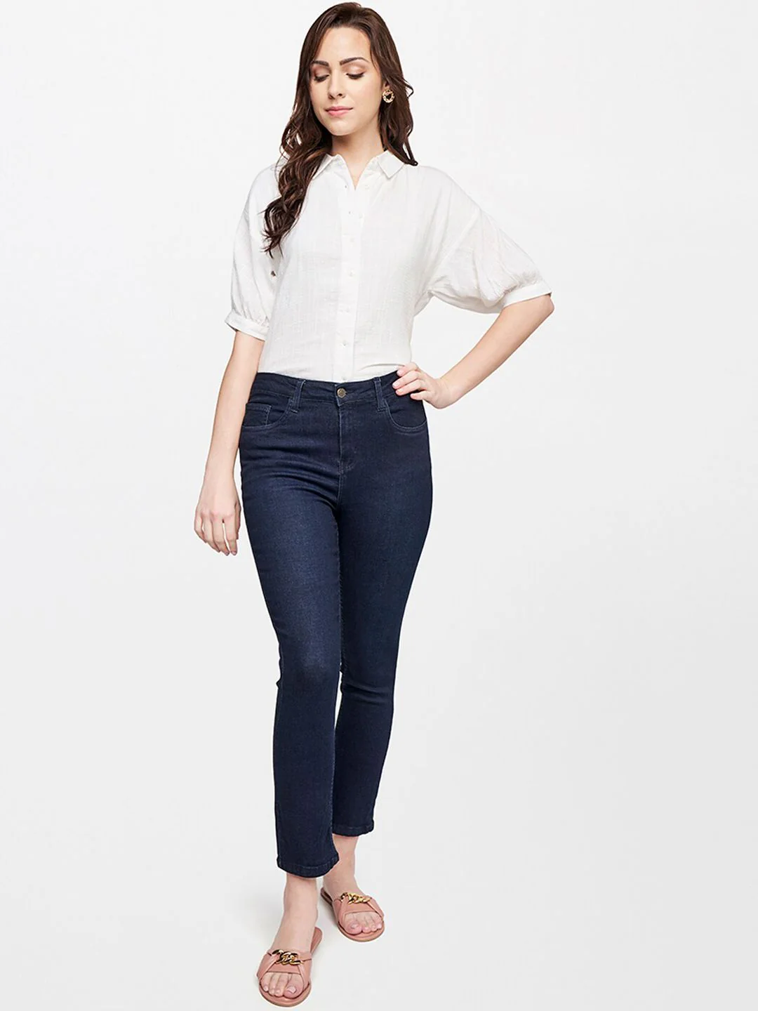 AND Women Blue Solid Straight Cropped Fit Trousers - Image 5