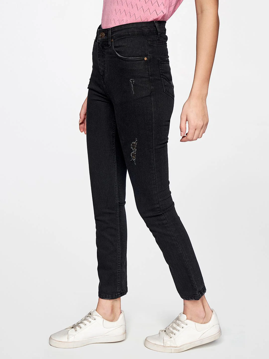 AND Women Charcoal Slim Fit Mildly Distressed Mid Rise Stretchable Jeans - Image 2