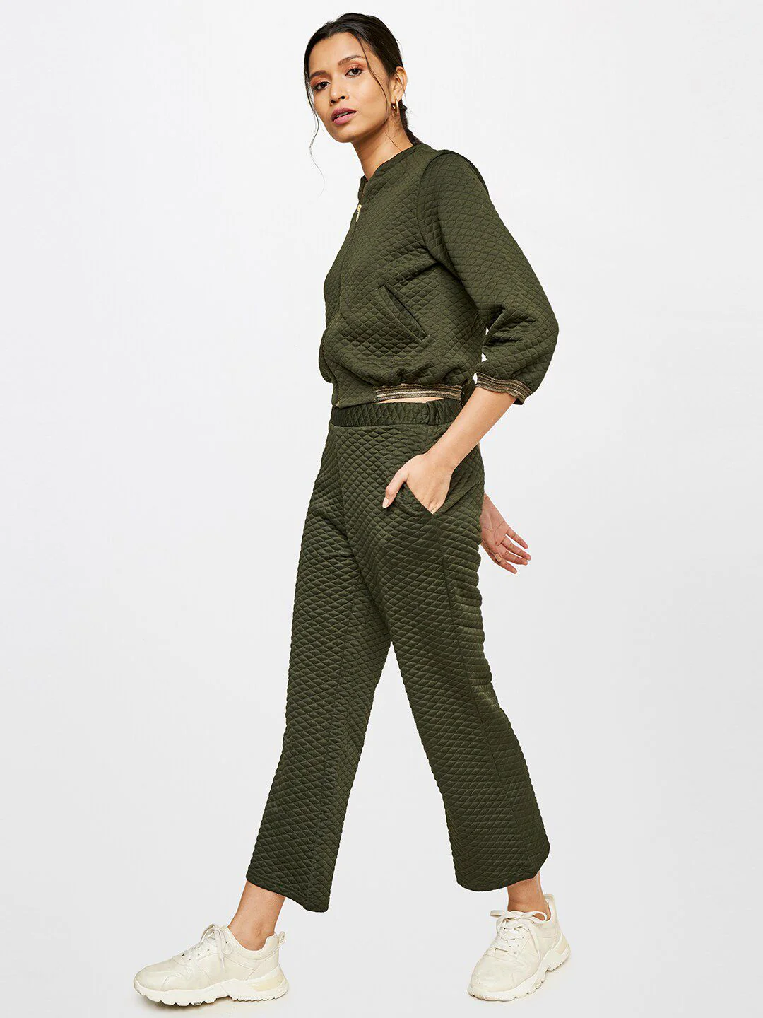 AND Women Olive Green Self Design Co-ords - Image 3