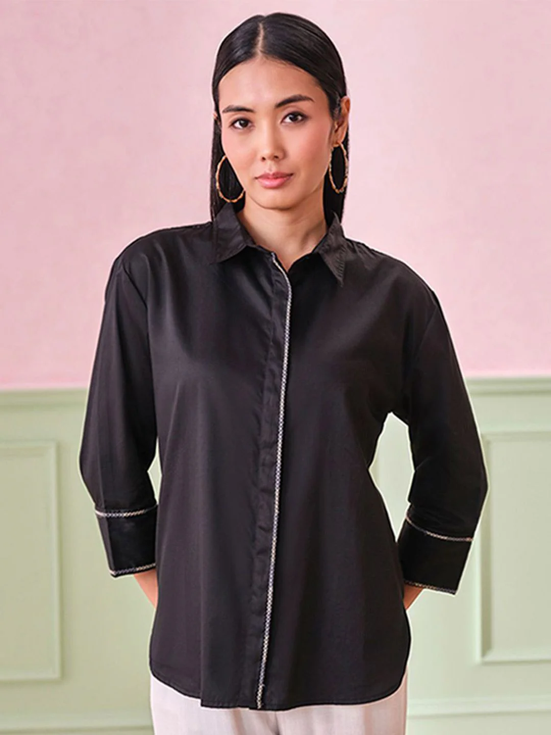 AND Women Solid Shirt Collar Cotton Top