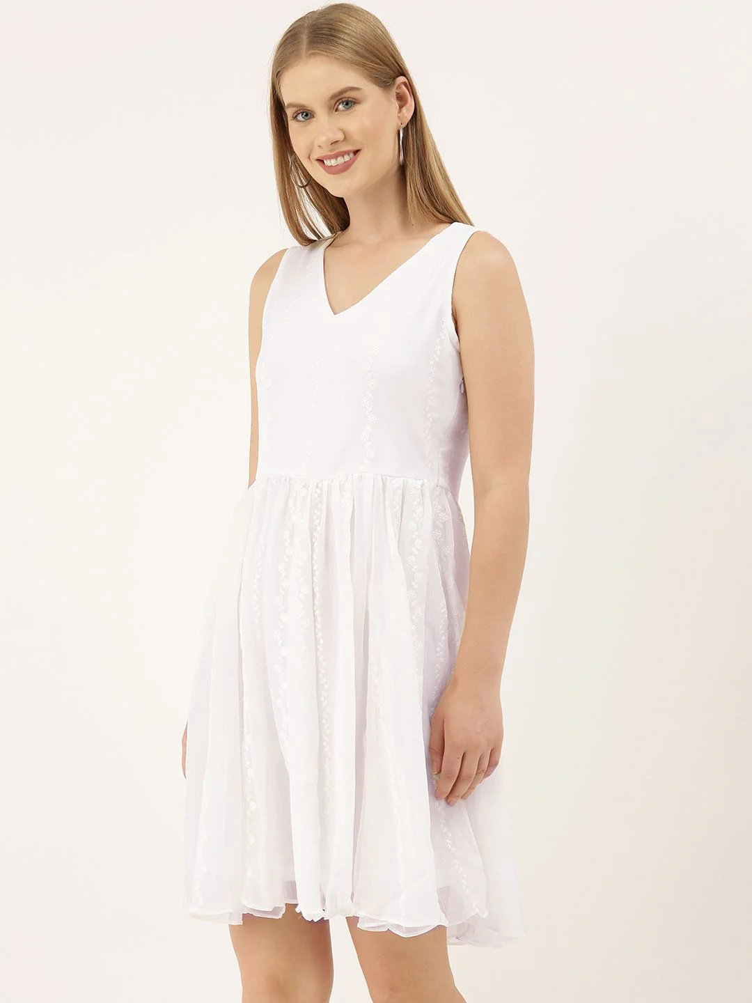 AND Women White Self Design Fit and Flare Dress - Image 3