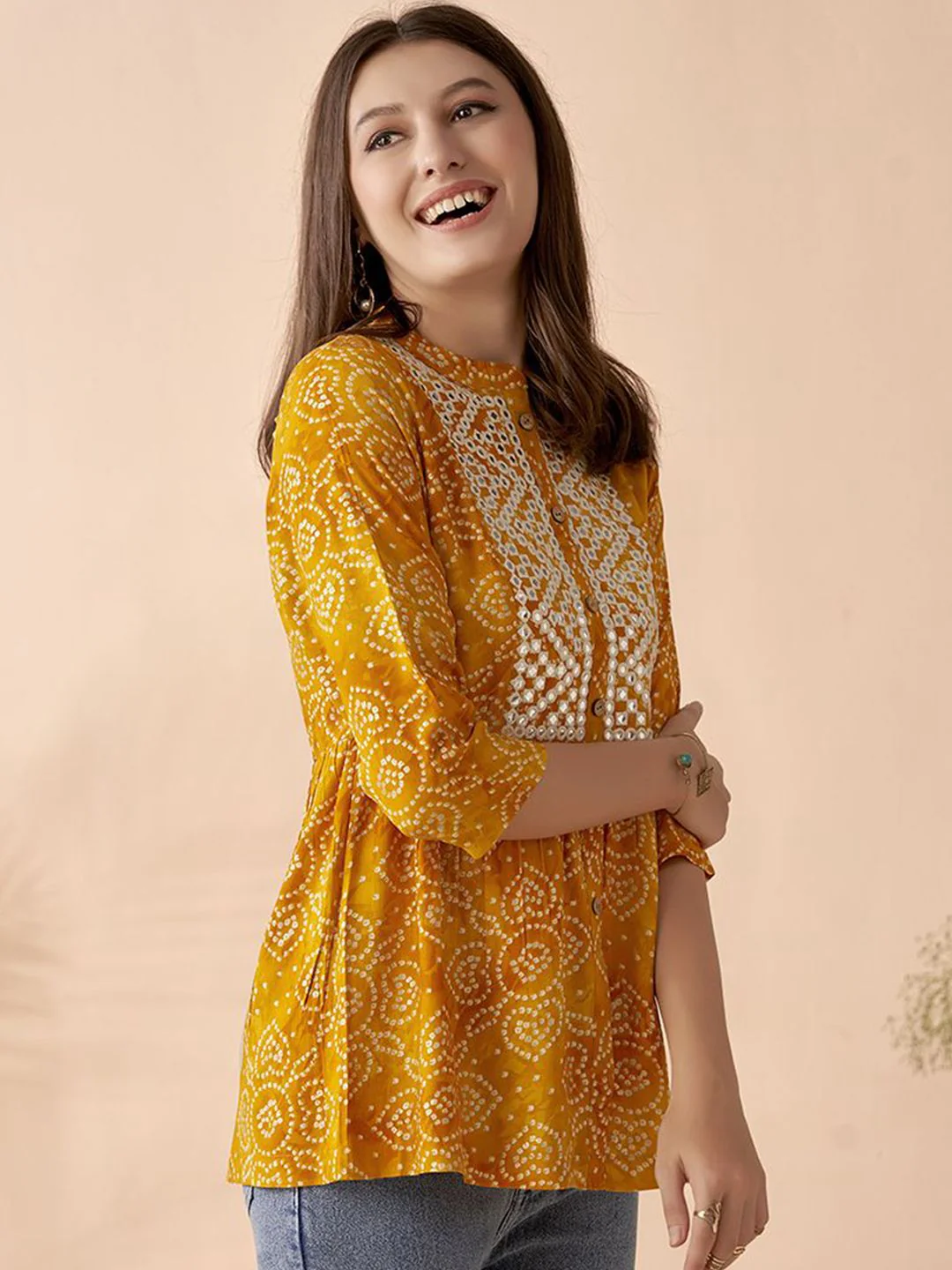 Anouk Bandhani Printed Thread Work A-Line Short Kurti - Image 3
