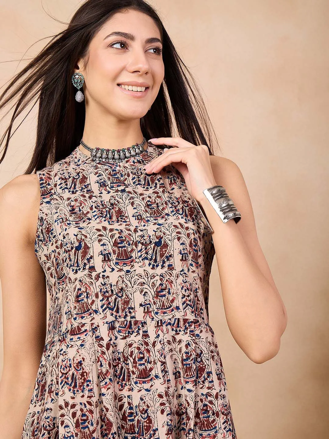 Anouk Beige Kalamkari Printed Halter Neck Pure Cotton A-Line Kurta With Palazzos - Image 2