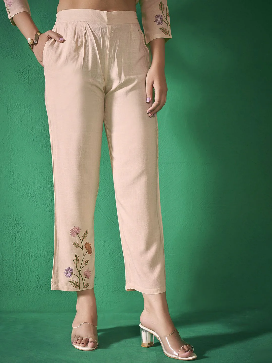 Anouk Beige Shirt Collar Embroidered Liva Shirt & Trouser - Image 7