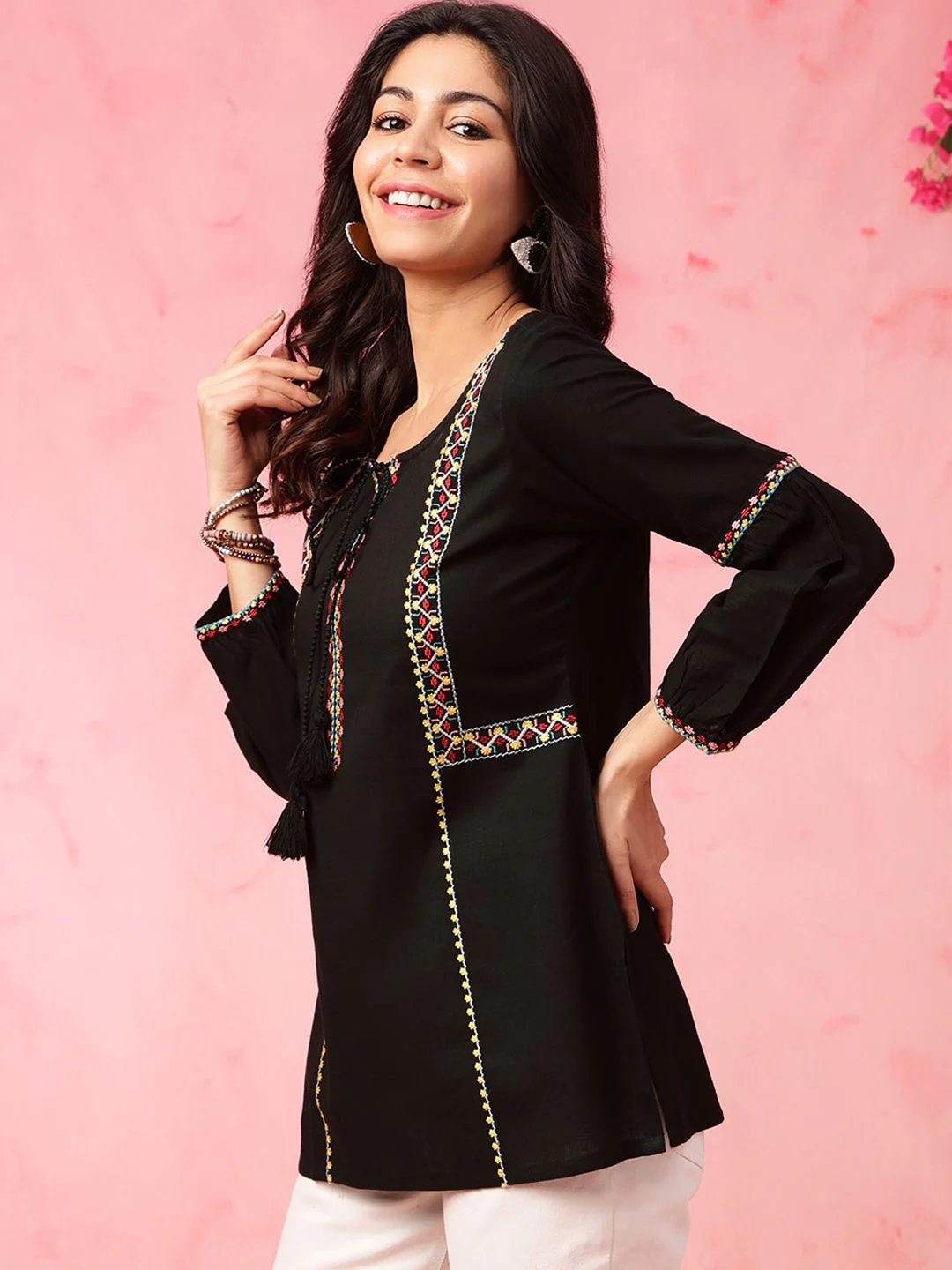 Anouk Black Geometric Embroidered Tie Up Neck Pure Cotton Short Kurti - Image 5