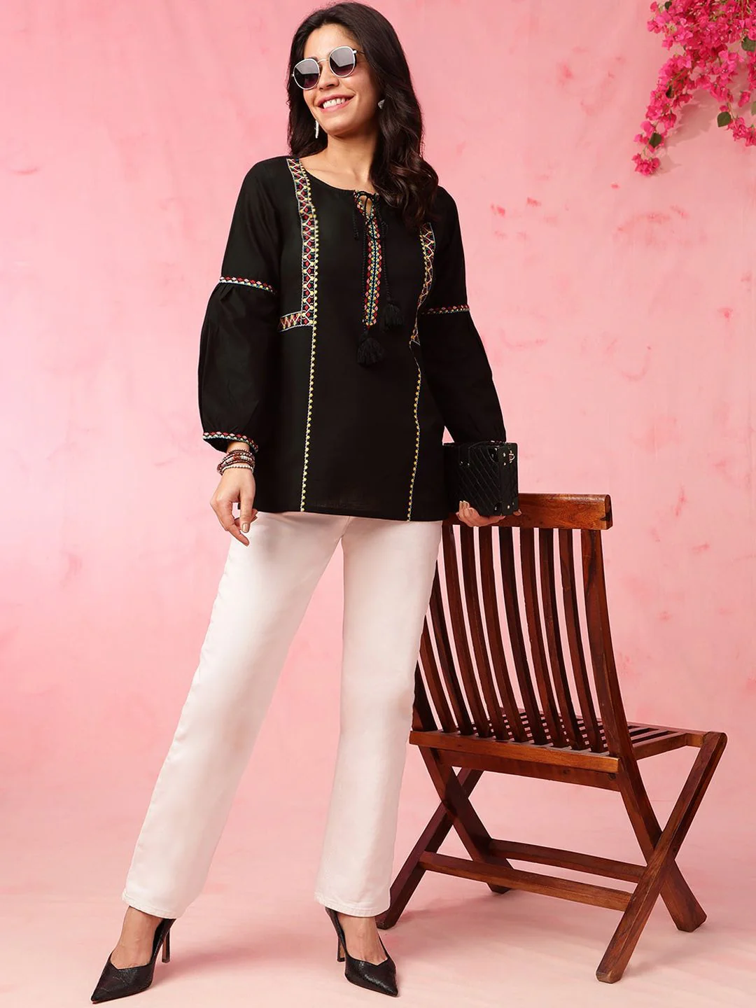 Anouk Black Geometric Embroidered Tie Up Neck Pure Cotton Short Kurti - Image 6