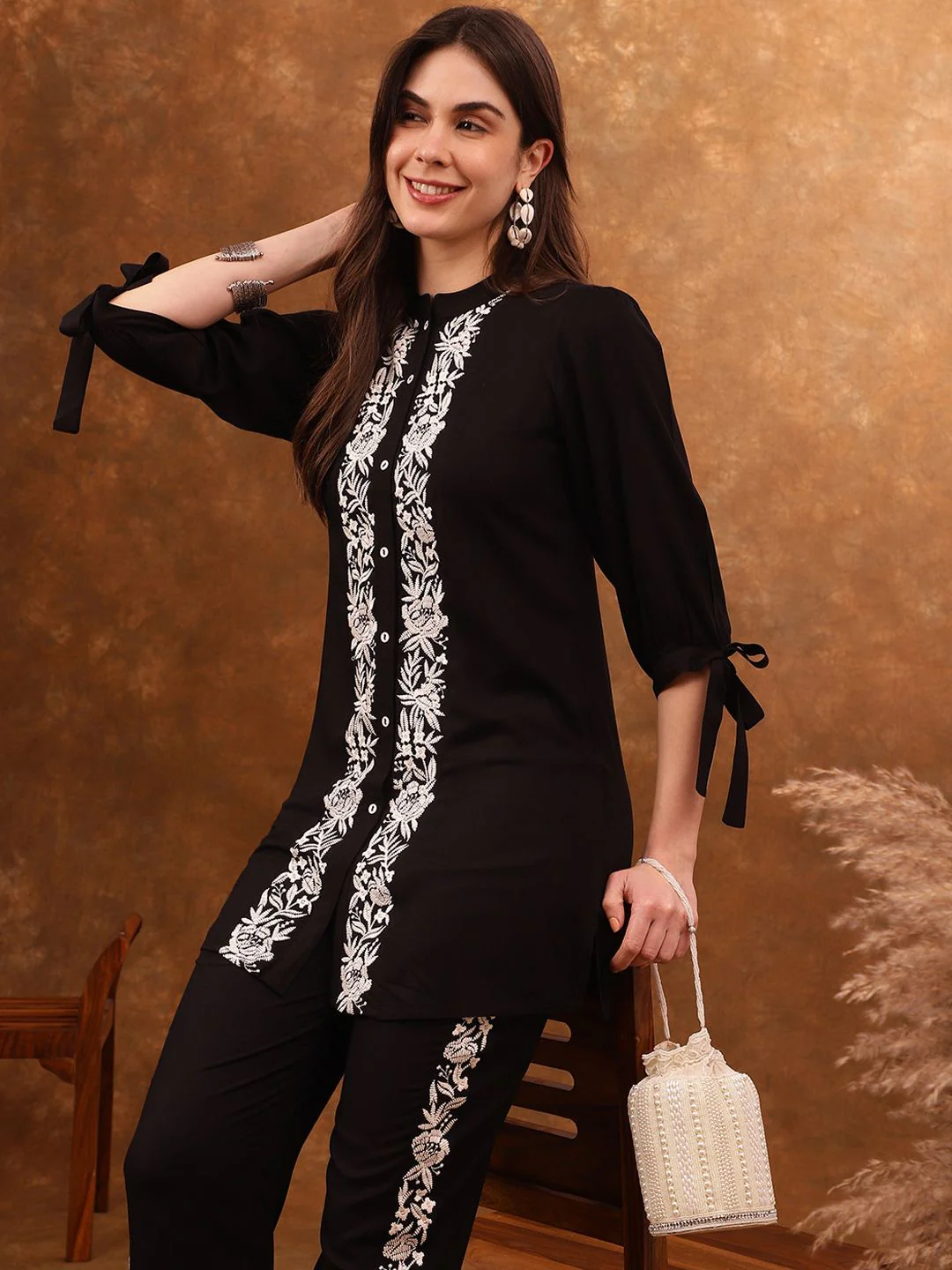 Anouk Black Silk Blend Embroidered Tunic with Trousers - Image 3