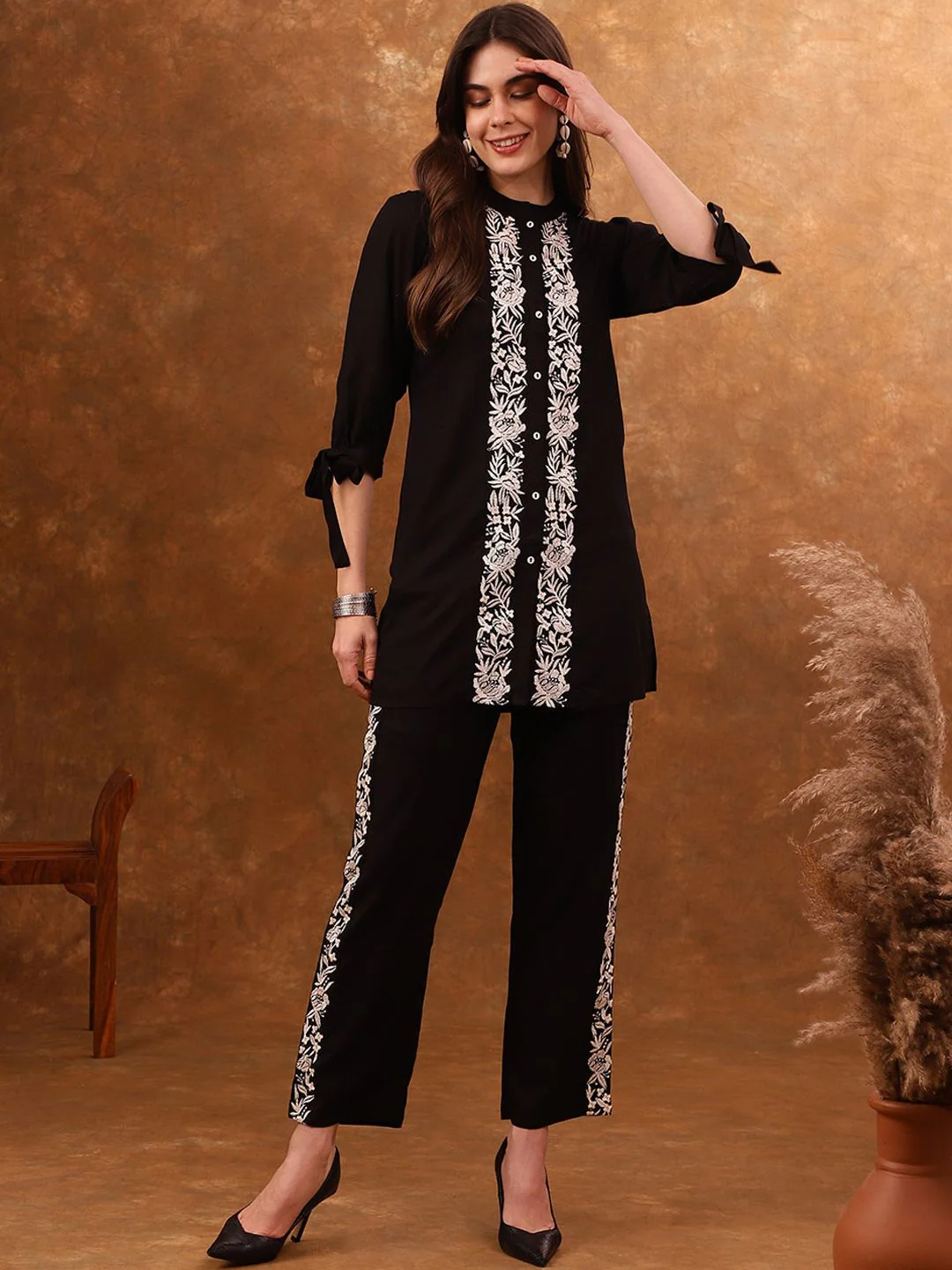 Anouk Black Silk Blend Embroidered Tunic with Trousers - Image 5