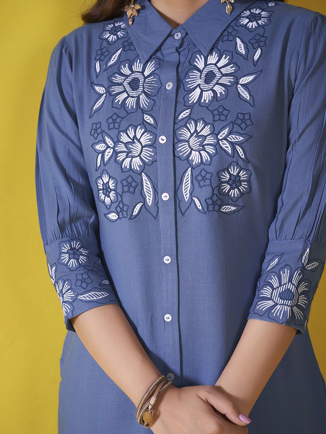 Anouk Blue and white Embroidered Liva Shirt With Trouser - Image 2