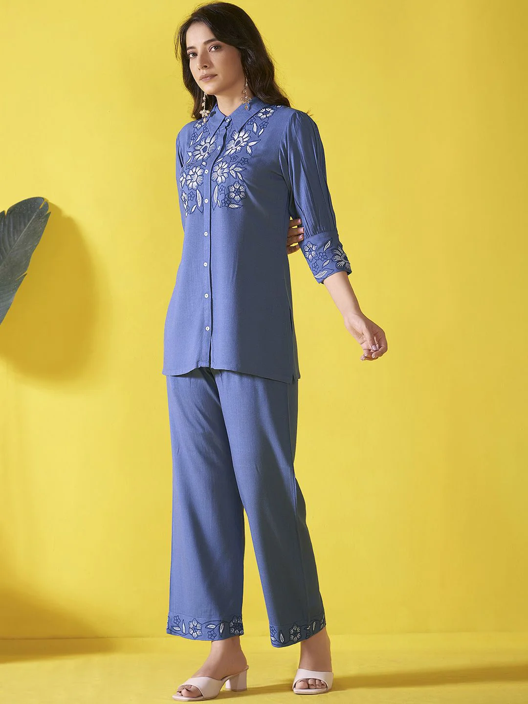Anouk Blue and white Embroidered Liva Shirt With Trouser - Image 3