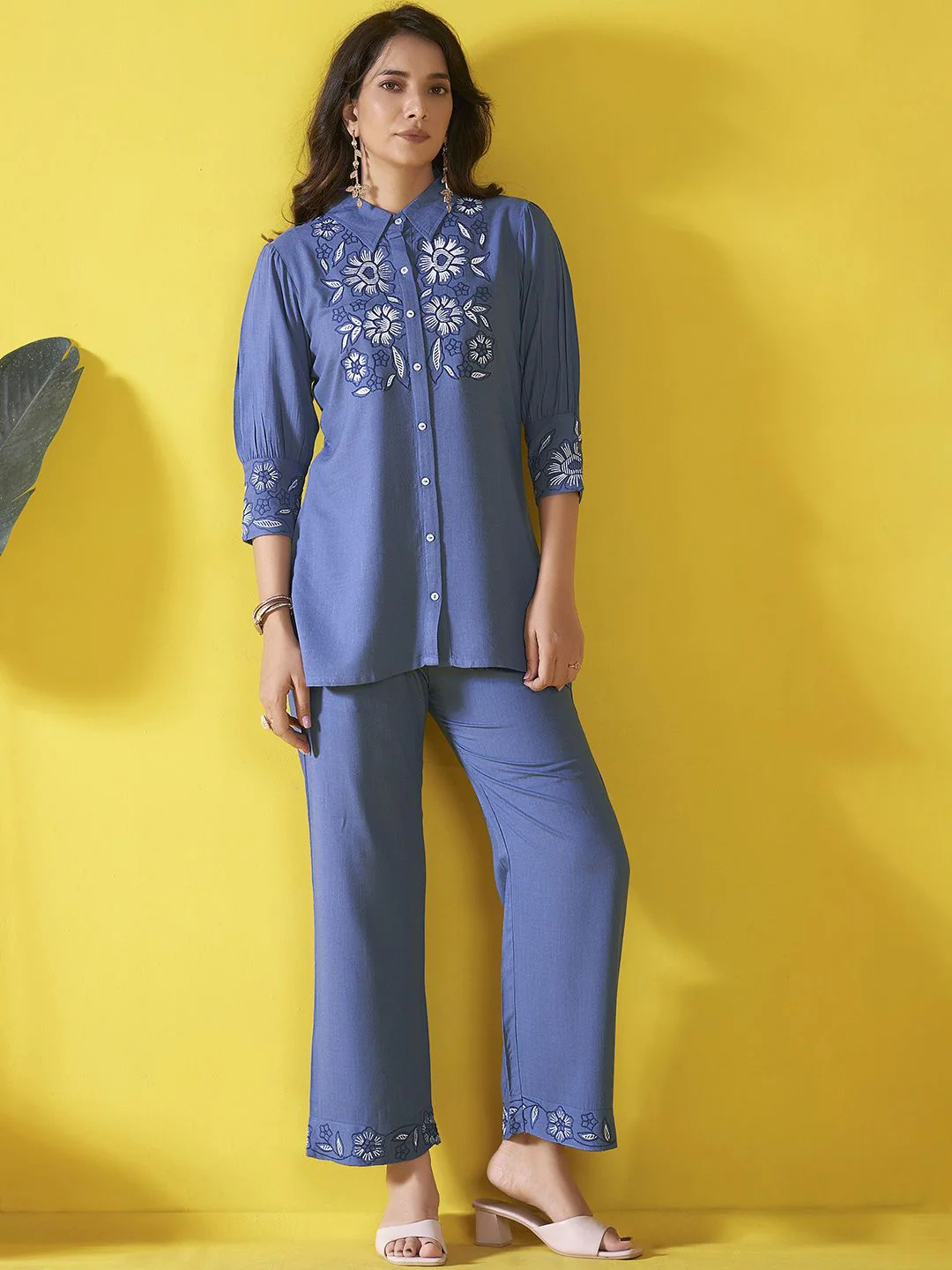 Anouk Blue and white Embroidered Liva Shirt With Trouser - Image 4