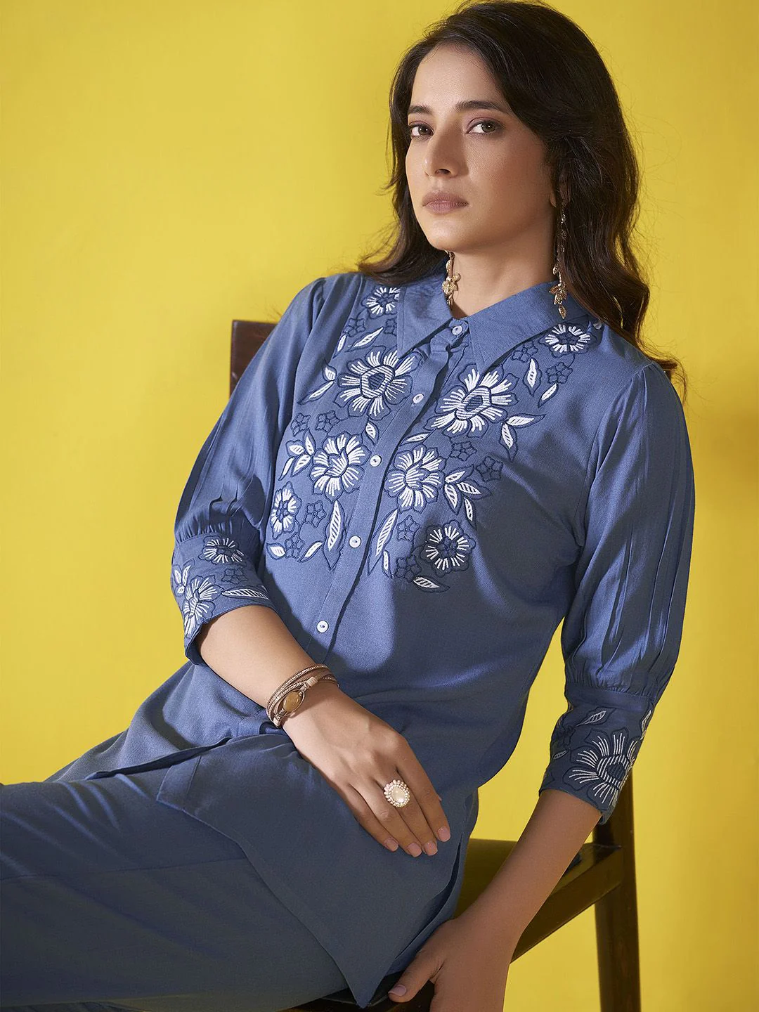 Anouk Blue and white Embroidered Liva Shirt With Trouser - Image 6