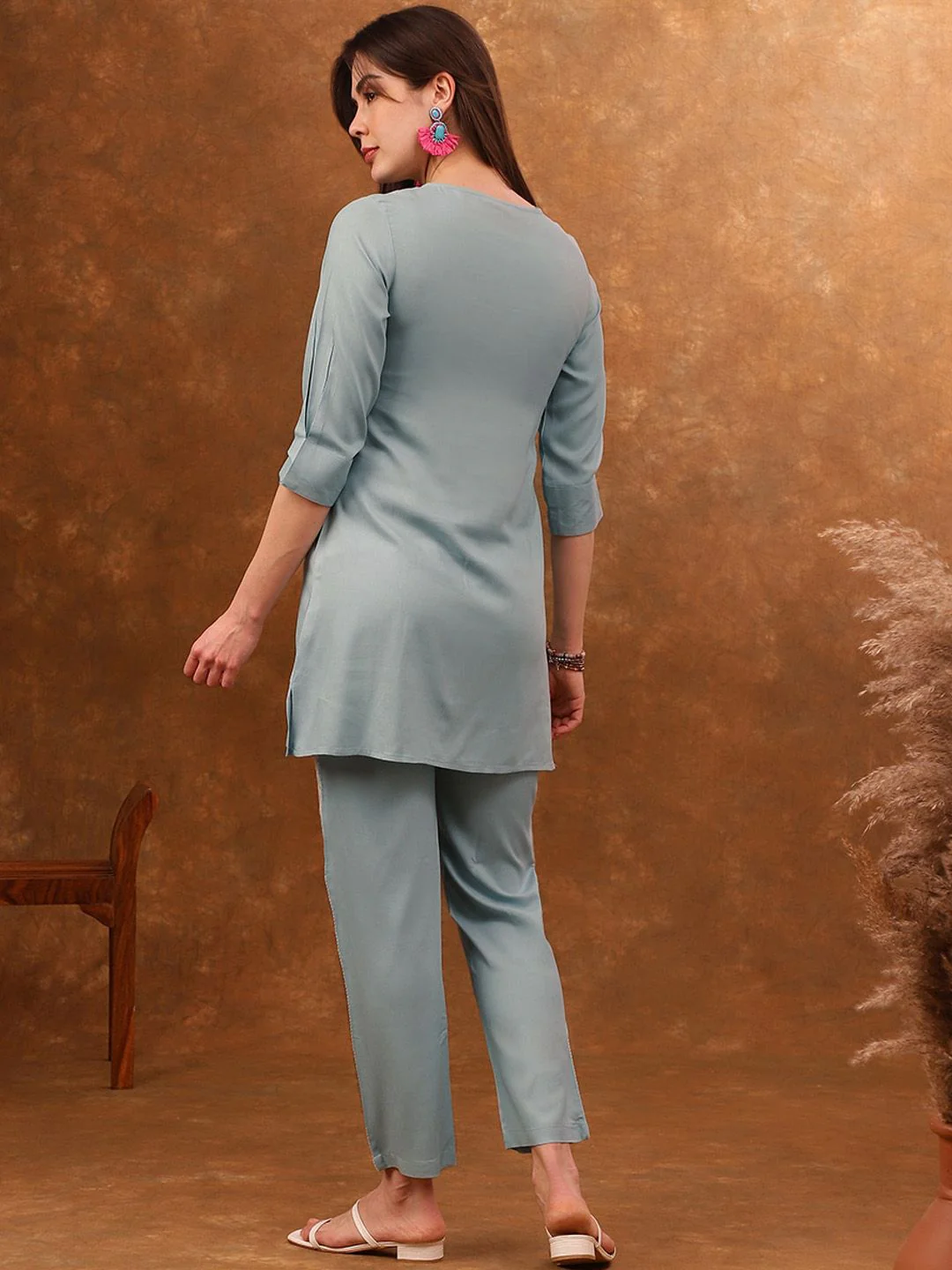 Anouk Blue Embroidered Tunic With Trousers Co-Ords - Image 4