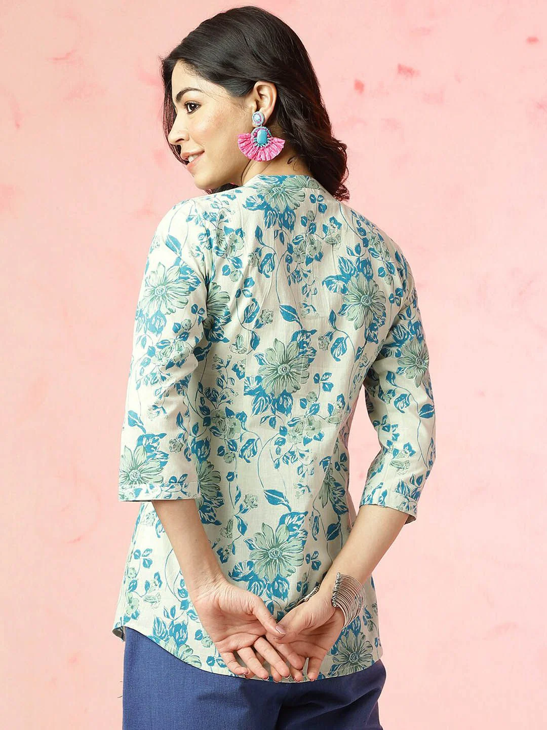 Anouk Blue Floral Printed Mandarin Collar Pure Cotton Top - Image 5