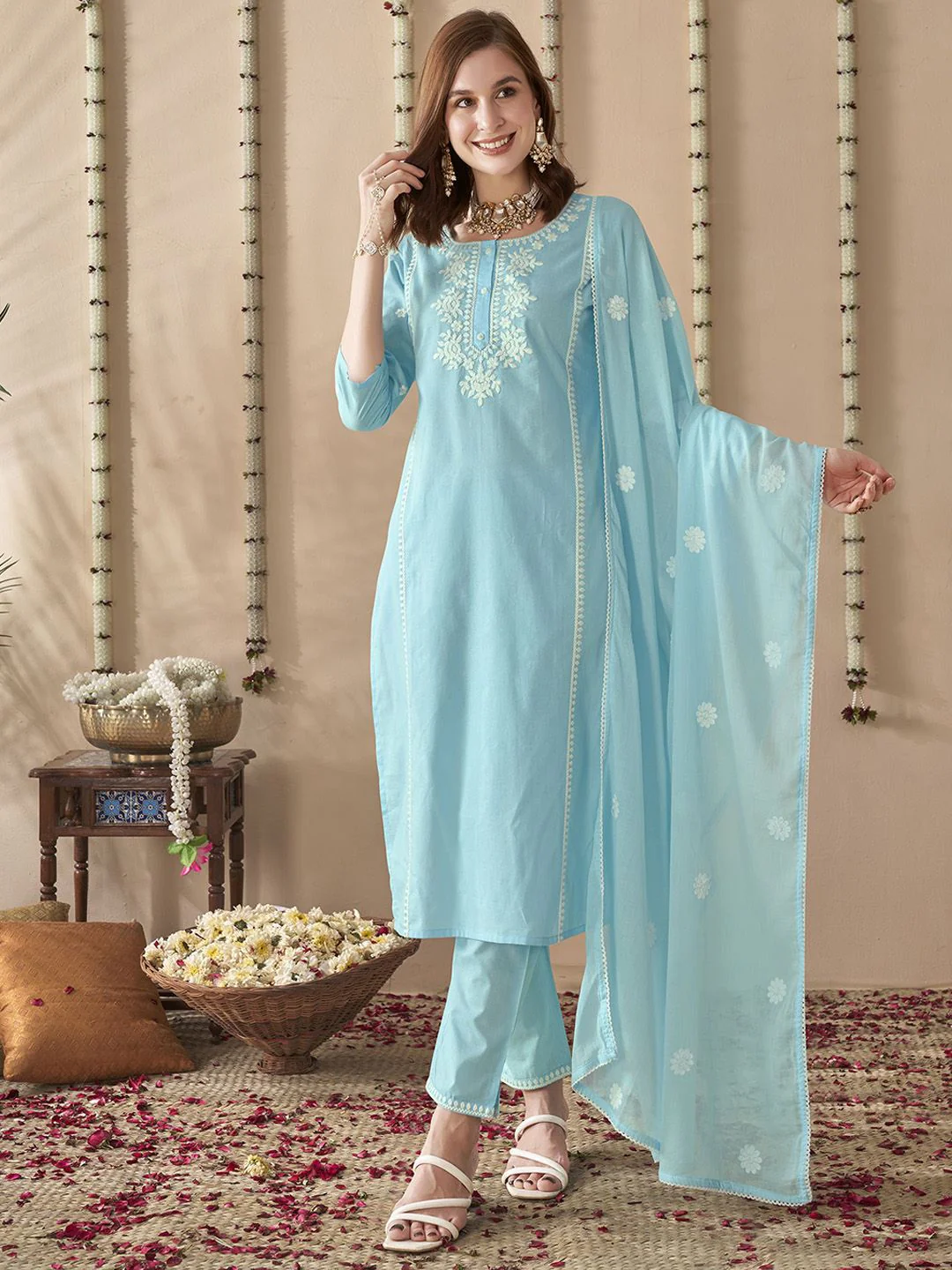 Anouk Embroidered Regular Thread Work Pure Cotton Straight Kurta With Trousers & Dupatta