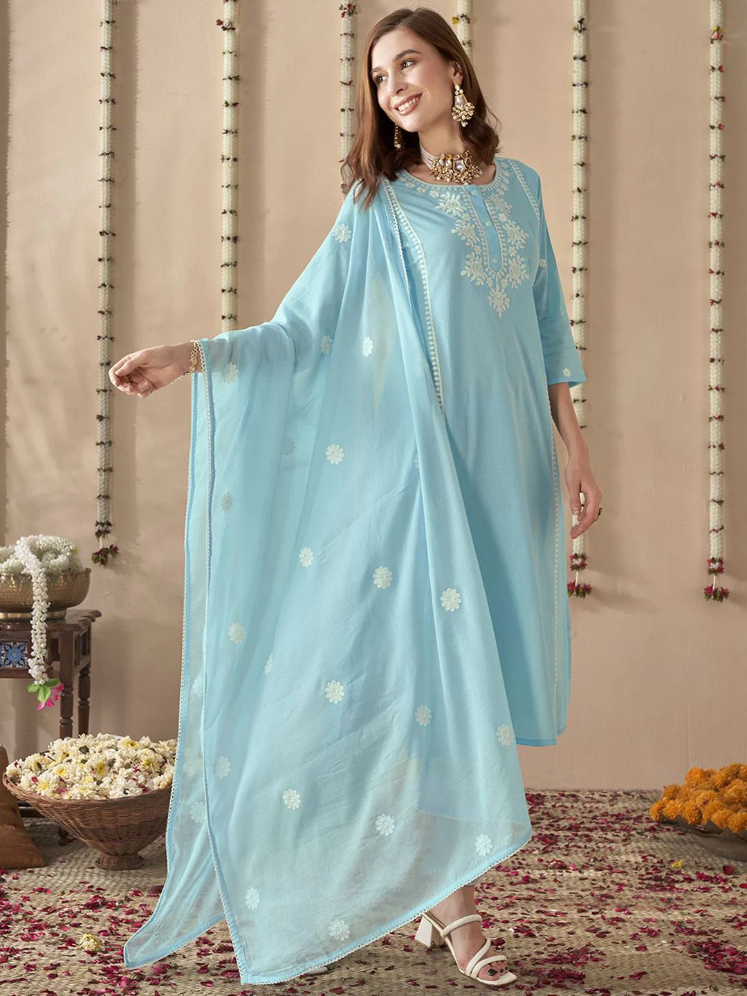 Anouk Embroidered Regular Thread Work Pure Cotton Straight Kurta With Trousers & Dupatta - Image 3