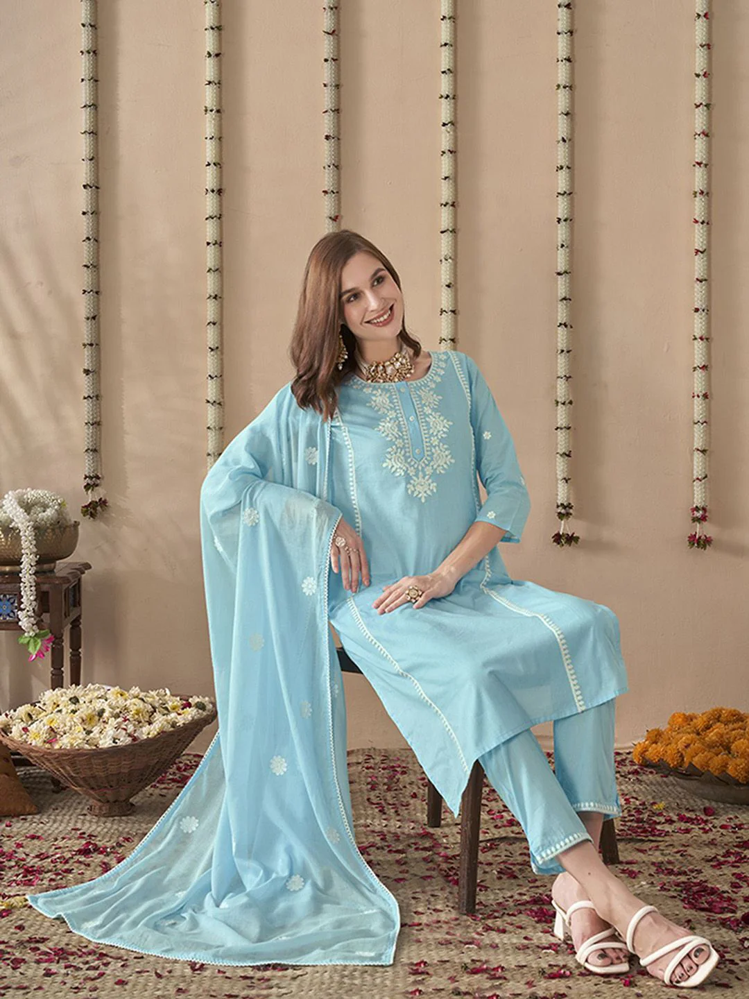 Anouk Embroidered Regular Thread Work Pure Cotton Straight Kurta With Trousers & Dupatta - Image 4