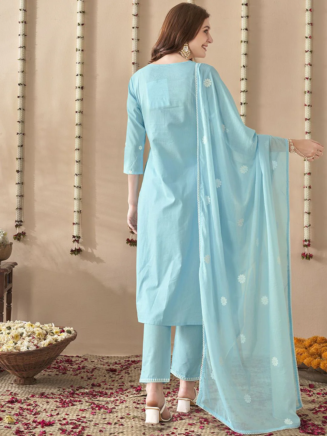 Anouk Embroidered Regular Thread Work Pure Cotton Straight Kurta With Trousers & Dupatta - Image 5