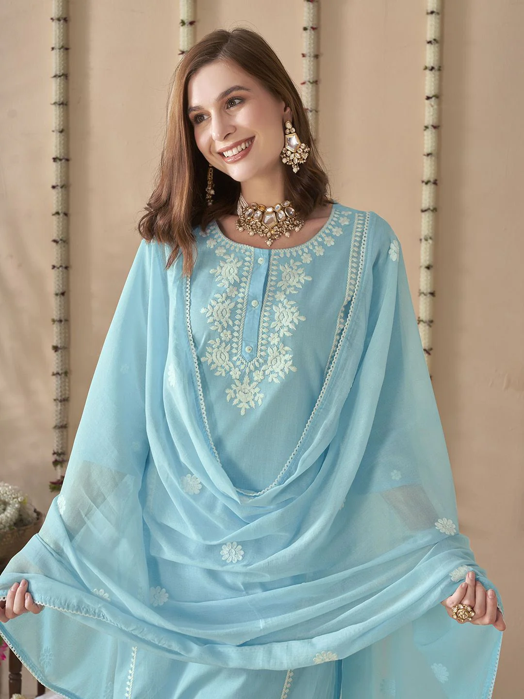 Anouk Embroidered Regular Thread Work Pure Cotton Straight Kurta With Trousers & Dupatta - Image 6