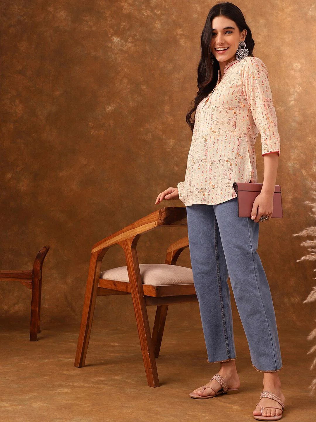 Anouk Ethnic Motif Printed Mandarin Collar Three-Quarter Sleeves Cotton Short Kurti - Image 6