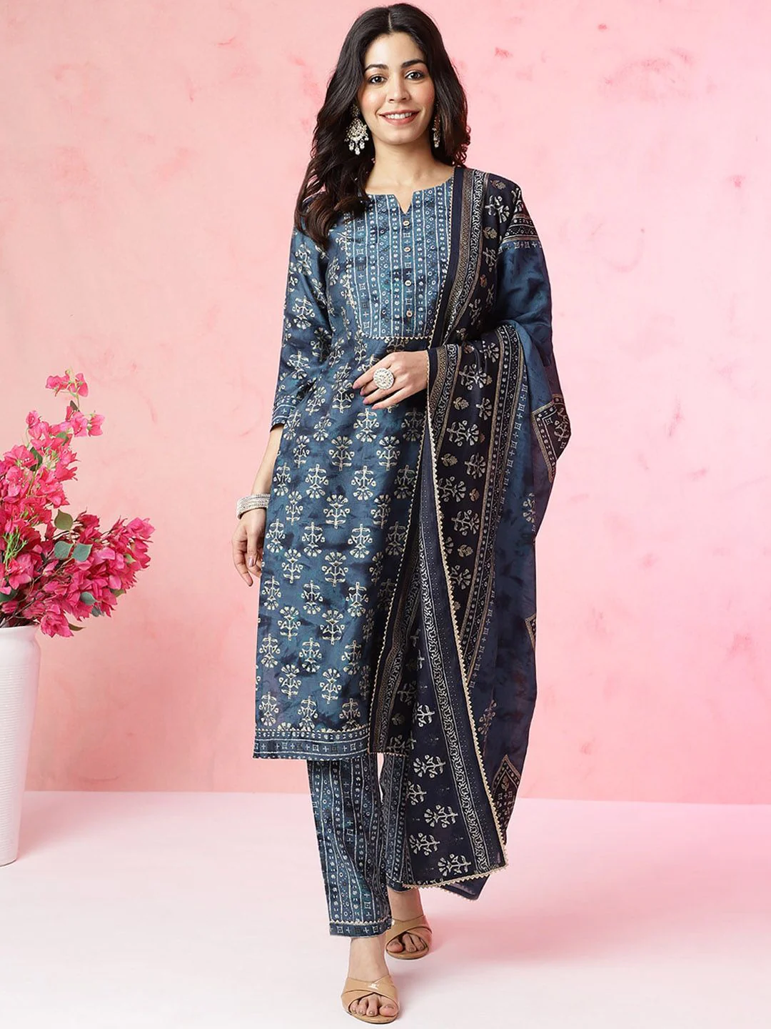 Anouk Ethnic Motifs Printed Chanderi Silk Kurta with Trousers & With Dupatta - Image 5