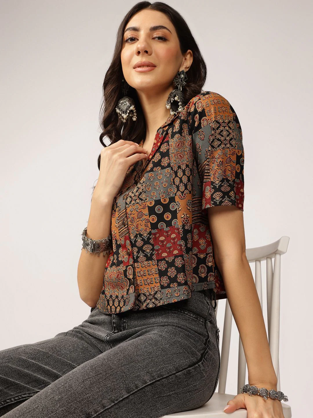 Anouk Ethnic Printed Cuban Collar Pure Cotton Shirt Style Top - Image 2