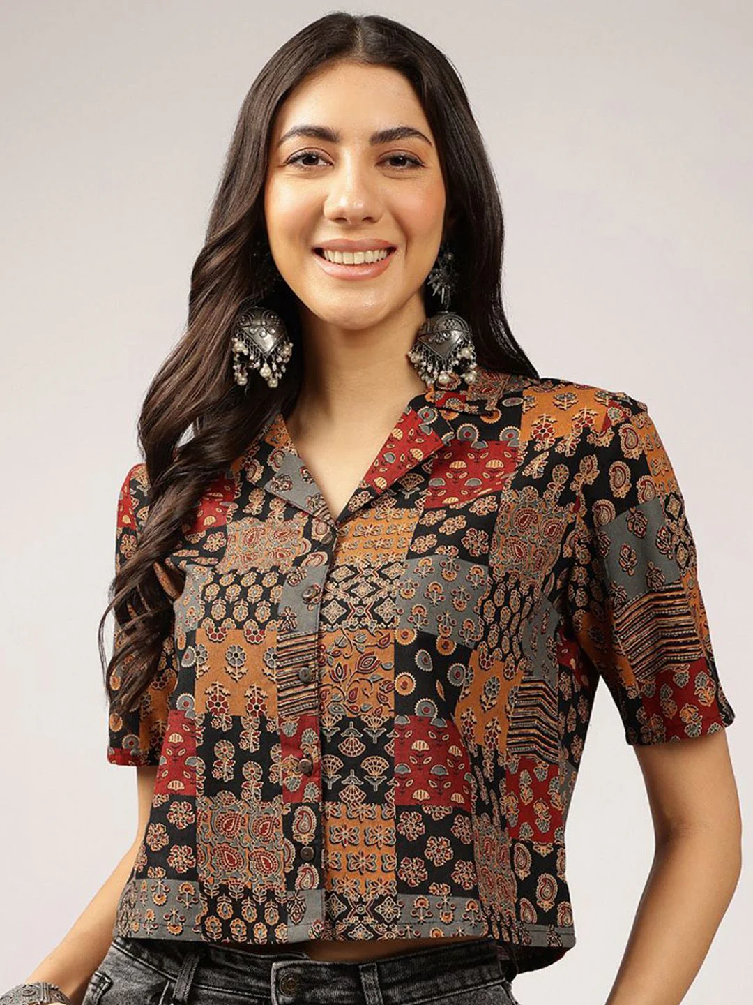 Anouk Ethnic Printed Cuban Collar Pure Cotton Shirt Style Top - Image 3
