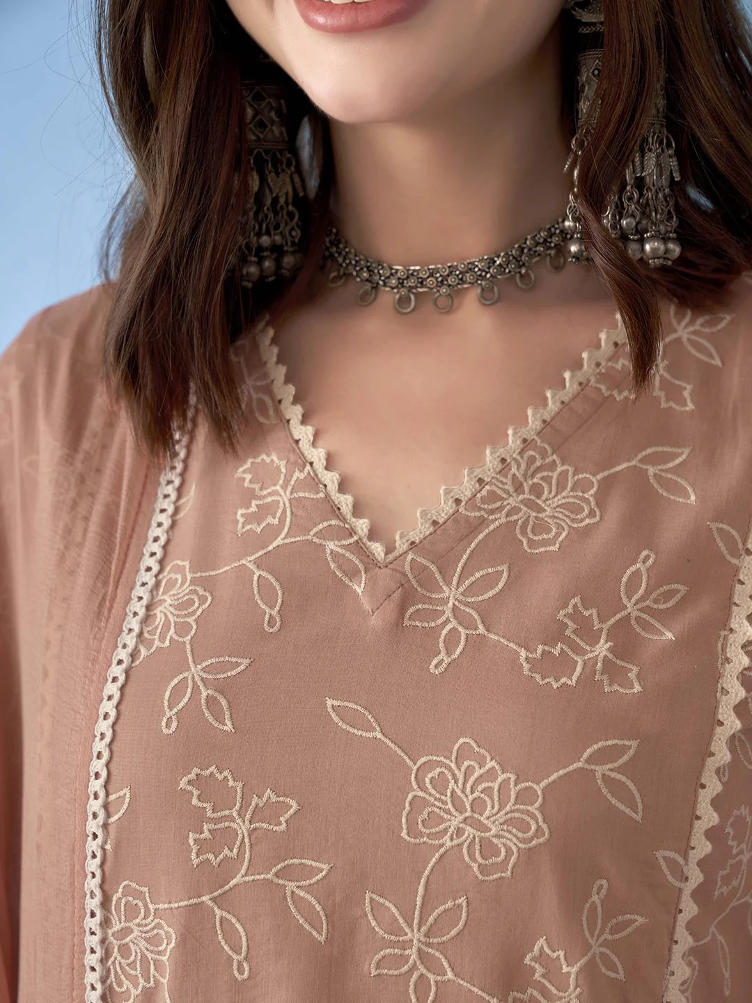 Anouk Floral Embroidered Gotta Patti Pure Cotton Straight Kurta With Trousers & Dupatta - Image 2
