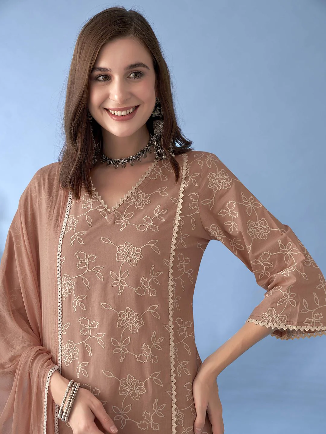 Anouk Floral Embroidered Gotta Patti Pure Cotton Straight Kurta With Trousers & Dupatta - Image 5