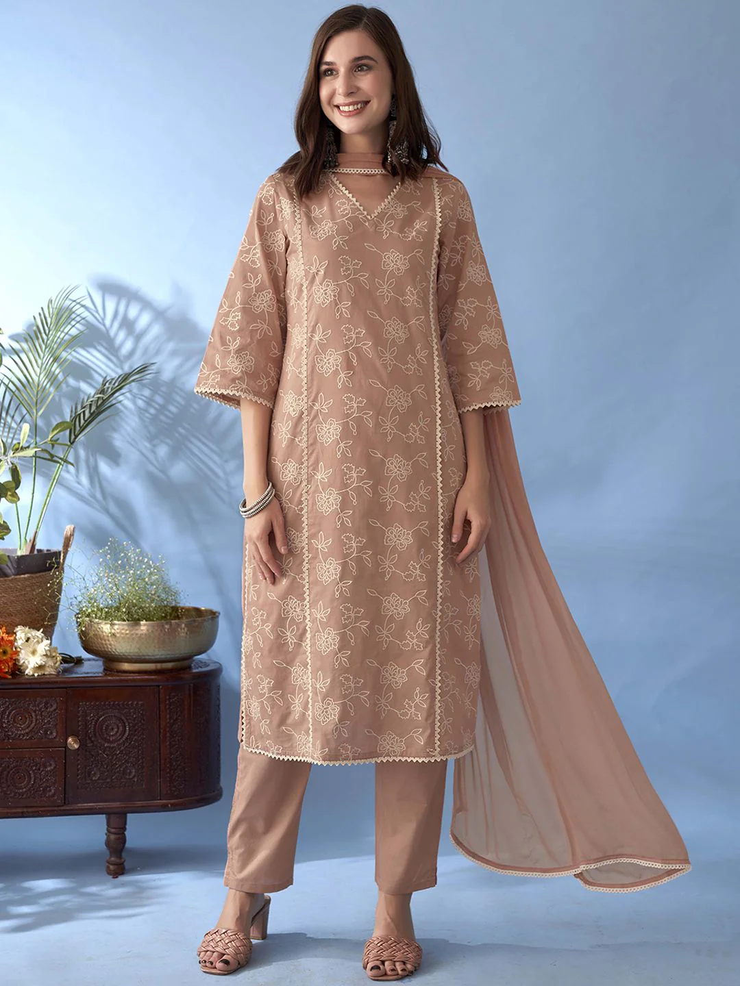 Anouk Floral Embroidered Gotta Patti Pure Cotton Straight Kurta With Trousers & Dupatta - Image 7