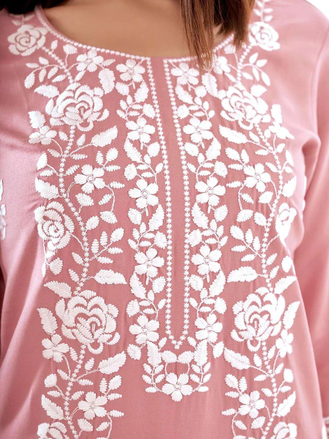 Anouk Floral Embroidered Round Neck Chikankari Straight Kurta - Image 2