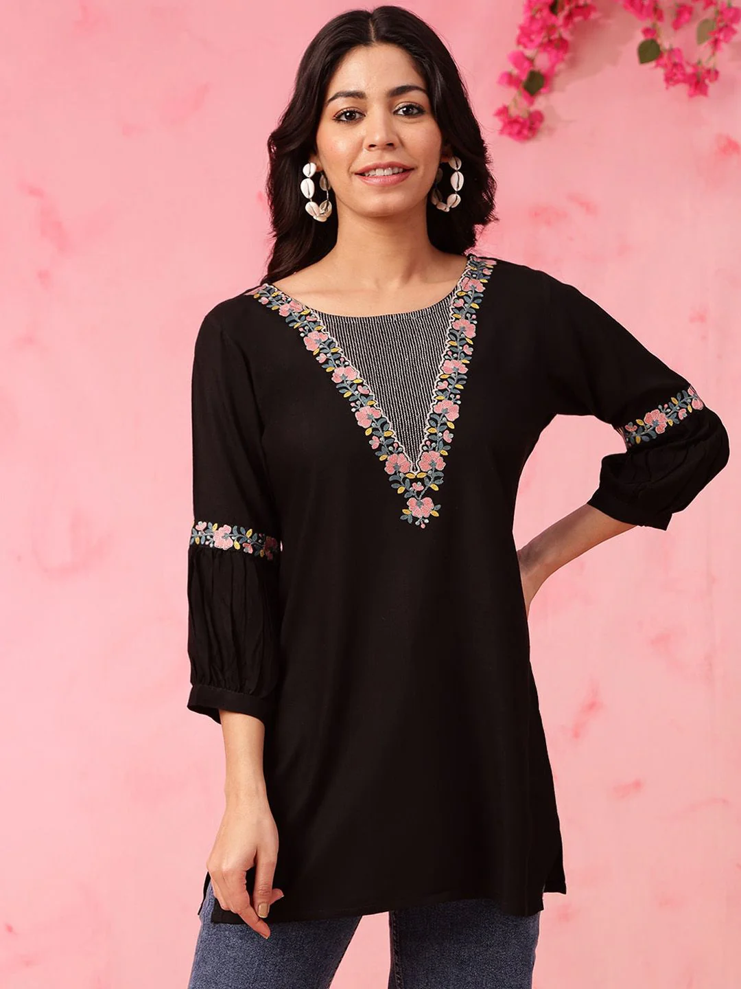 Anouk Floral Embroidered Round Neck Thread Work Straight Short Kurti - Image 3