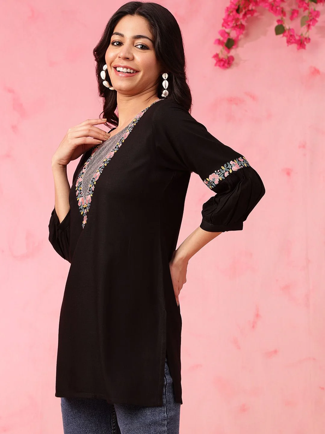 Anouk Floral Embroidered Round Neck Thread Work Straight Short Kurti - Image 5