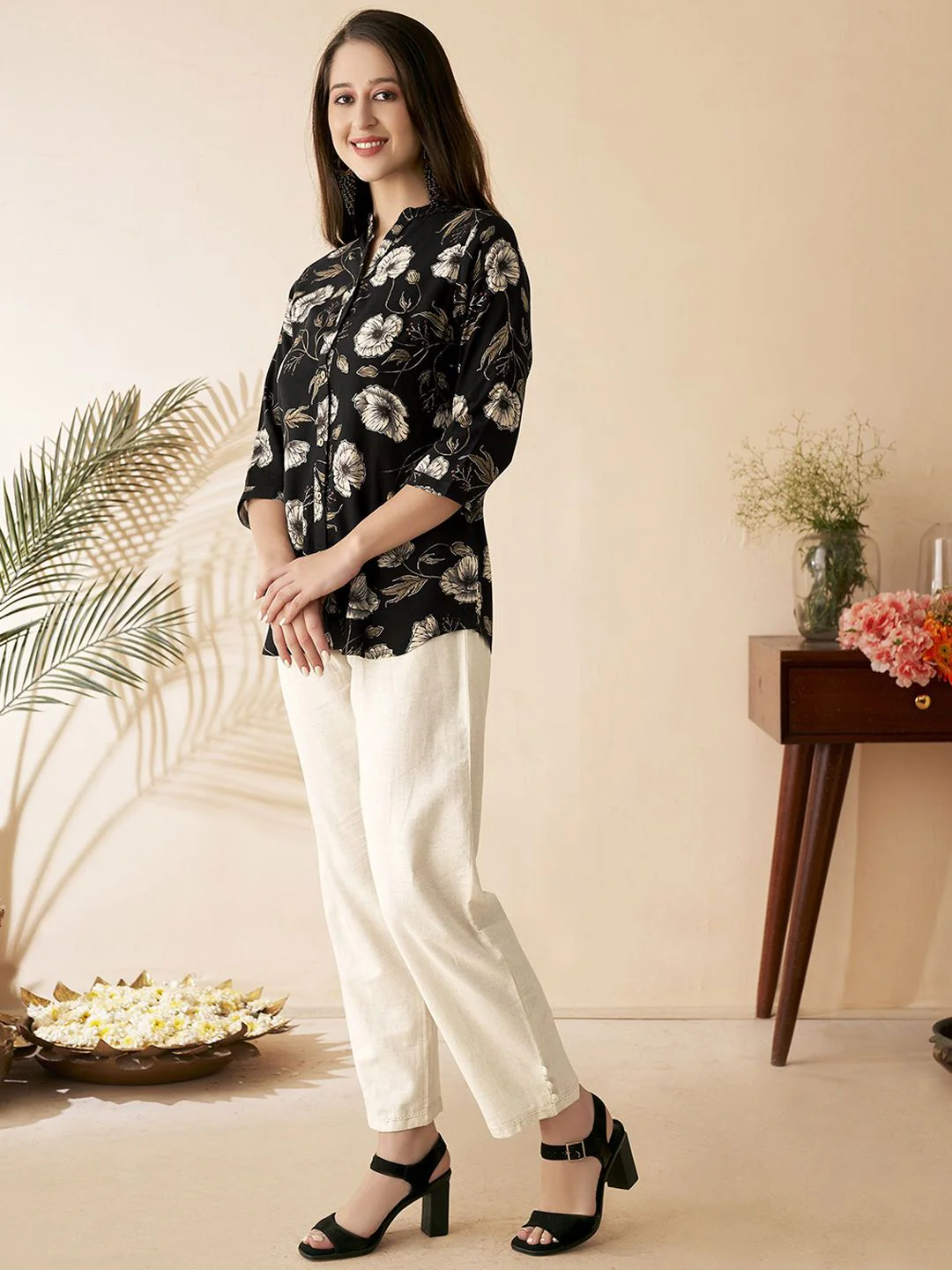 Anouk Floral Printed Mandarin Collar Short Kurti - Image 5