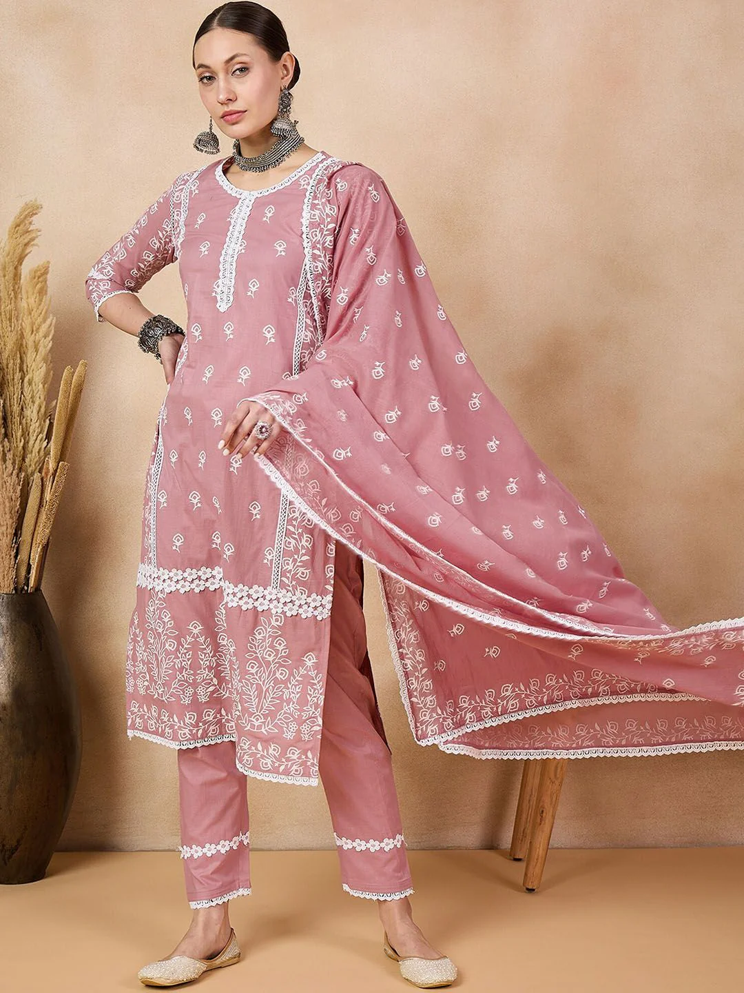 Anouk Floral Printed Round Neck Three-Quarter Sleeves Pure Cotton Kurta St - Image 3