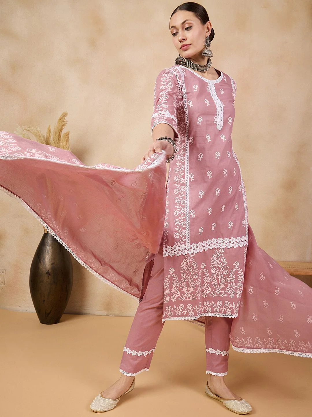 Anouk Floral Printed Round Neck Three-Quarter Sleeves Pure Cotton Kurta St - Image 5