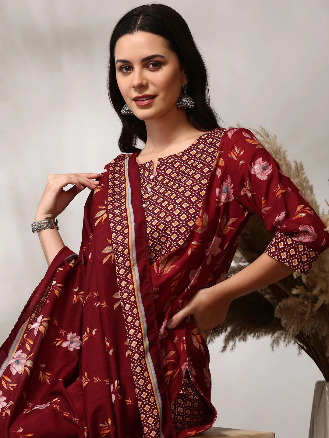 Anouk Floral Printed Thread Work Pure Cotton Straight Kurta With Trouser & Dupatta - Image 7