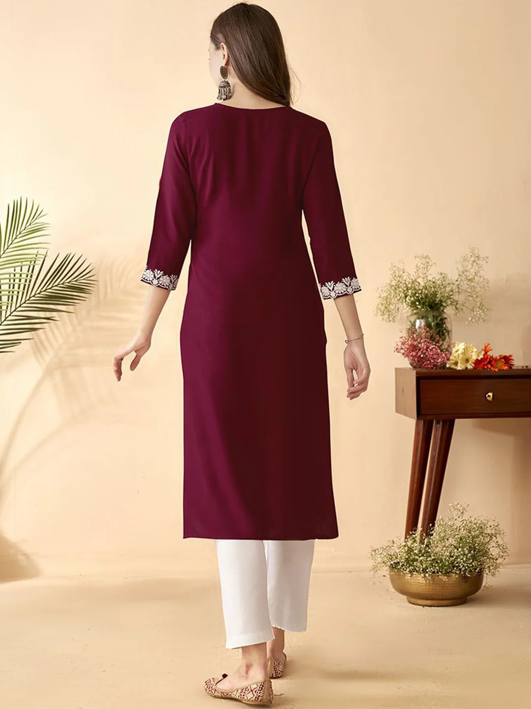 Anouk Maroon Ethnic Motifs Embroidered Round Neck Thread Work Straight Kurta - Image 5