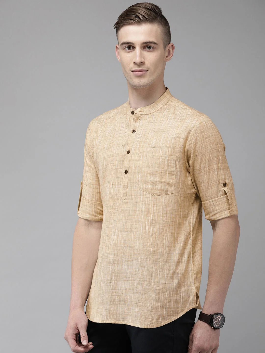 Anouk Men Beige Solid Straight Kurta - Image 5
