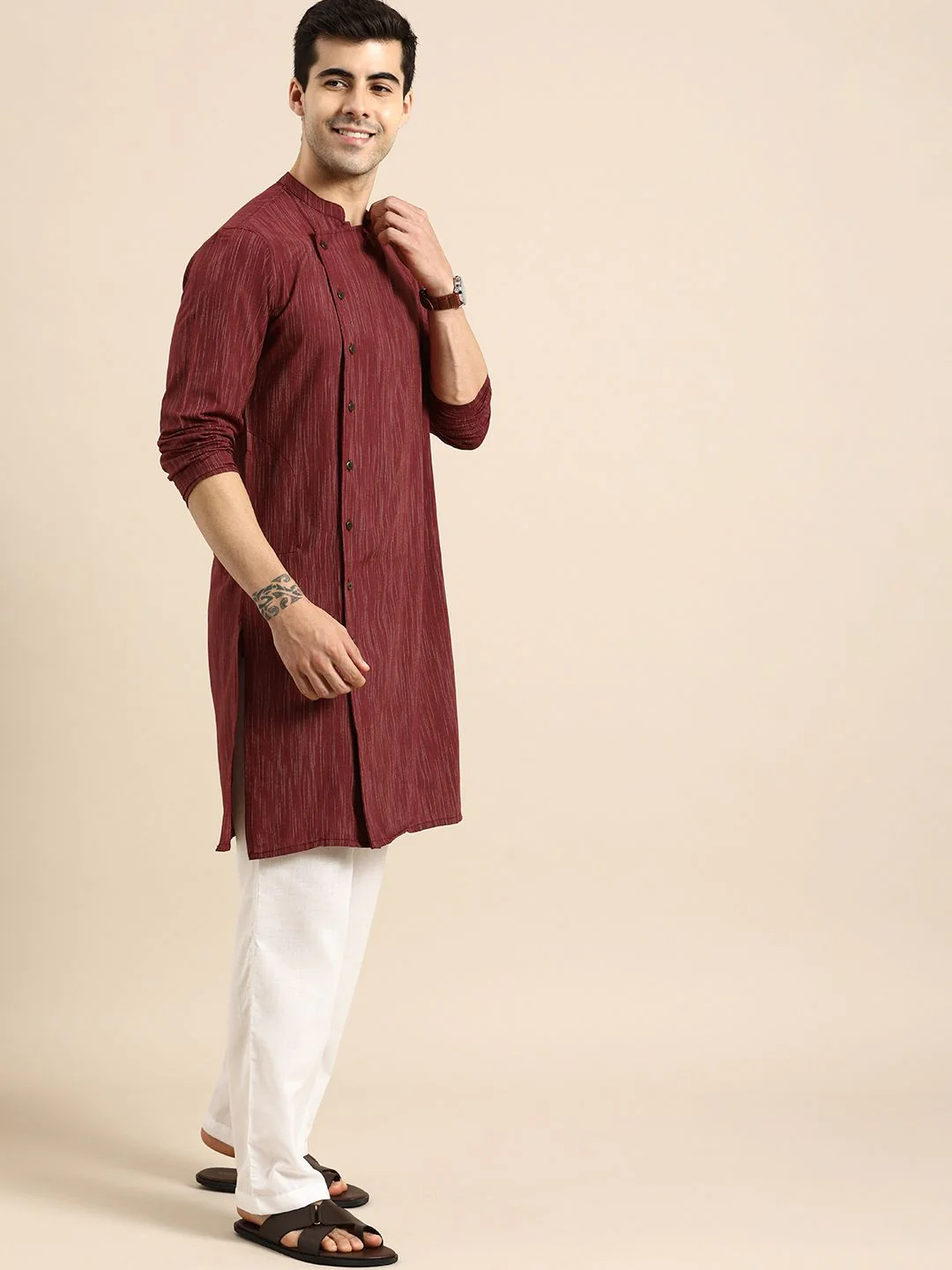 Anouk Men Maroon Striped Angrakha Pure Cotton Straight Kurta with Pyjamas - Image 5