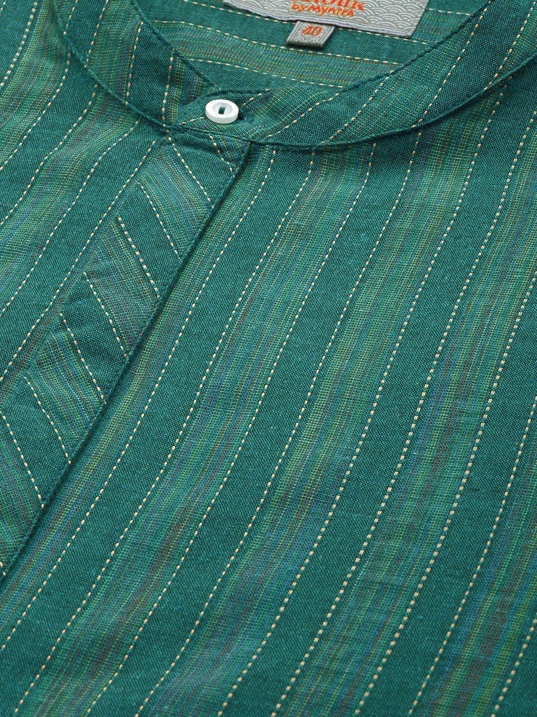 Anouk Men Teal Green Striped Kurta - Image 2