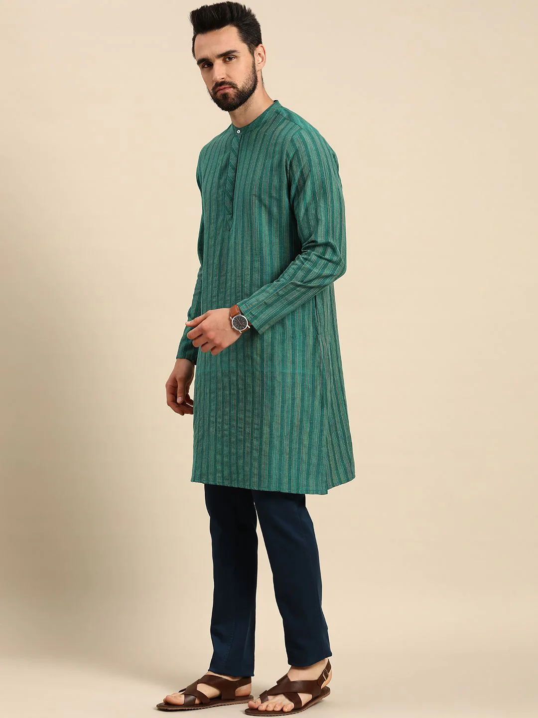 Anouk Men Teal Green Striped Kurta - Image 5