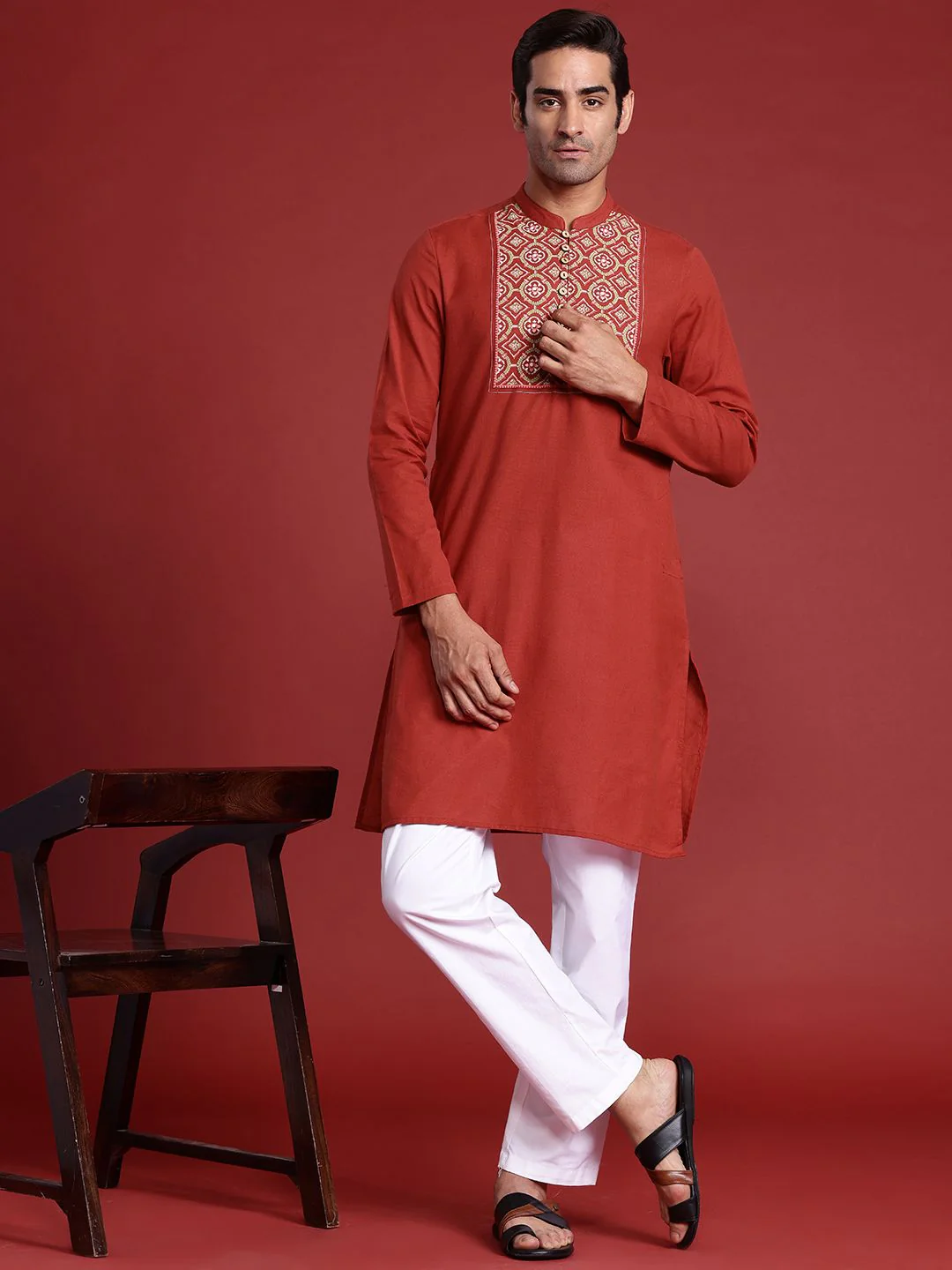Anouk Men Yoke Design Cotton Linen Indie Prints Kurta - Image 6