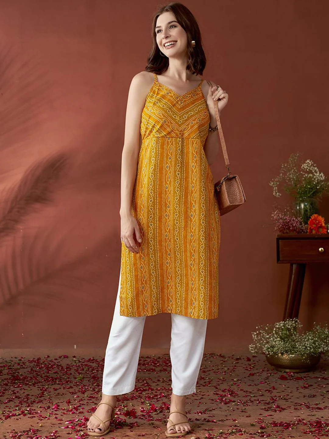 Anouk Mustard Yellow Bandhani Printed Shoulder Straps Straight Kurta - Image 2