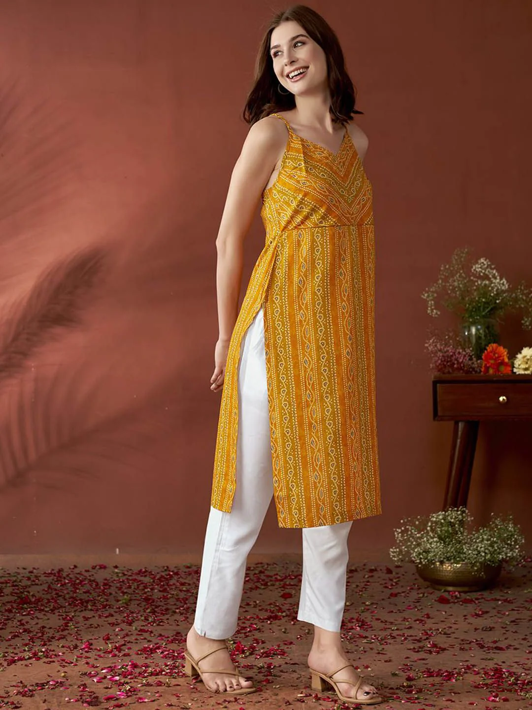 Anouk Mustard Yellow Bandhani Printed Shoulder Straps Straight Kurta - Image 4
