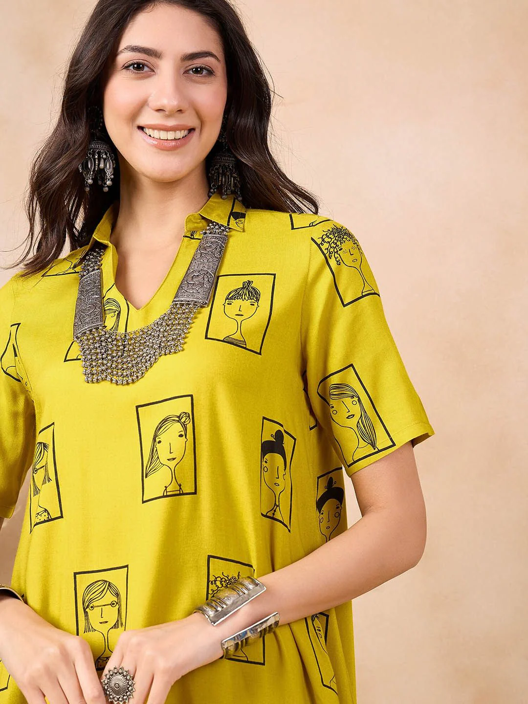 Anouk Mustard Yellow Ethnic Motifs Printed Shirt Collar A-Line Kurta - Image 2