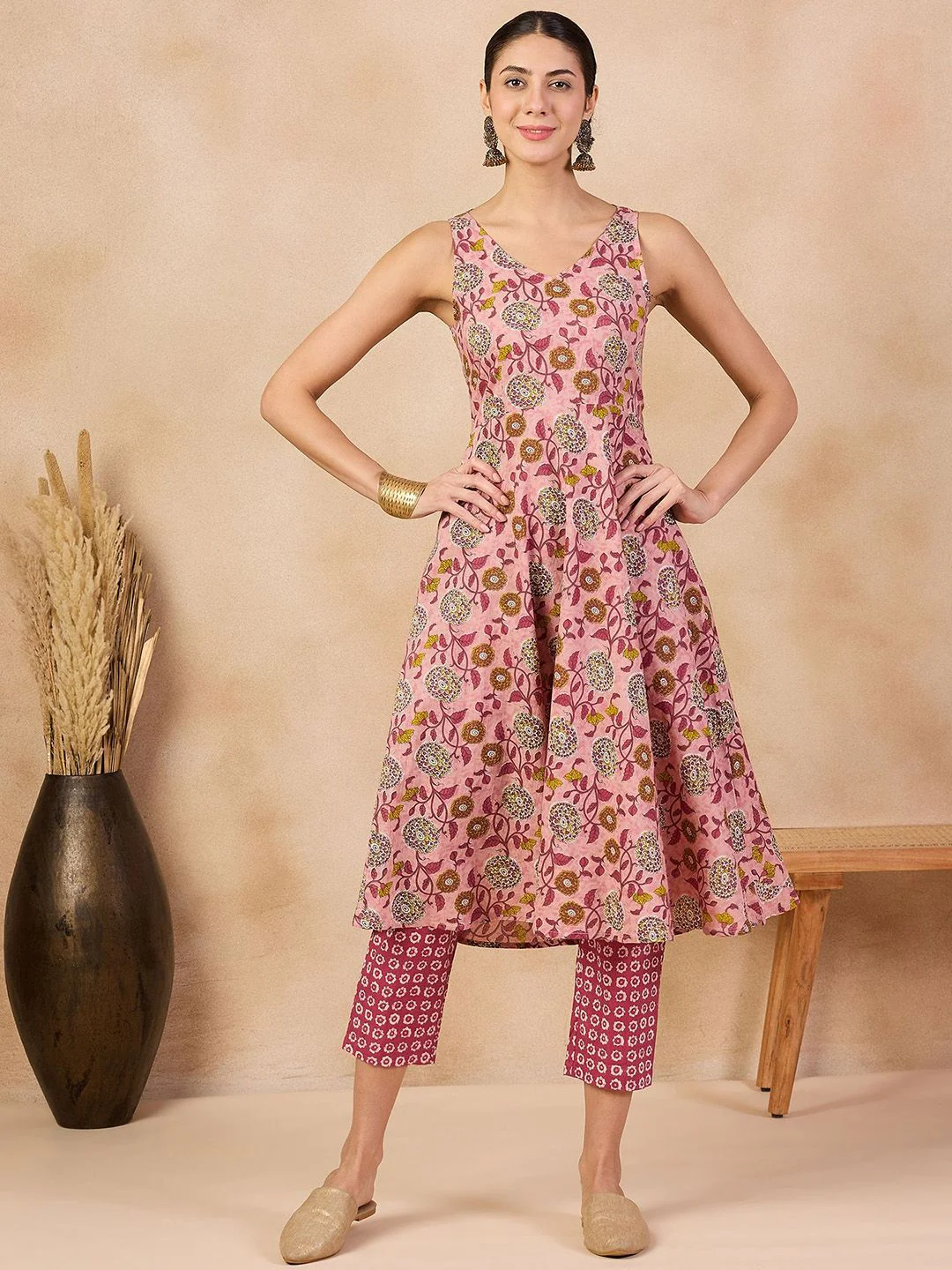 Anouk Pink Floral Printed V-Neck Regular Pure Cotton A-Line Kurta With Trousers - Image 5