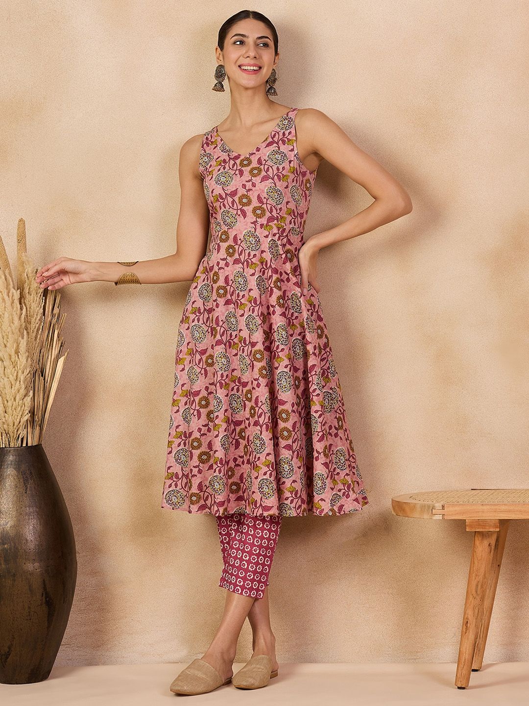 Anouk Pink Floral Printed V-Neck Regular Pure Cotton A-Line Kurta With Trousers - Image 6